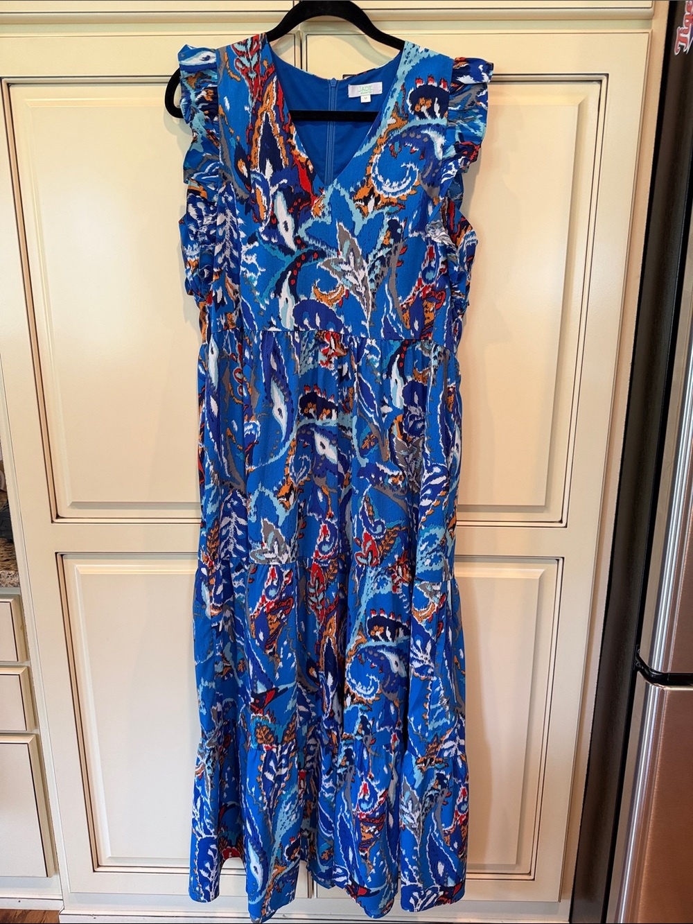 Jade Blue Paisley Midi Dress with Ruffle Shoulders